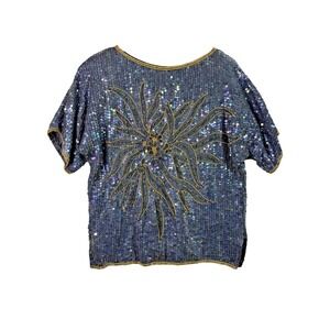 Vintage 80s Top Women Sequin Floral 100% Silk Blue Gold Glam Retro Boho M fit